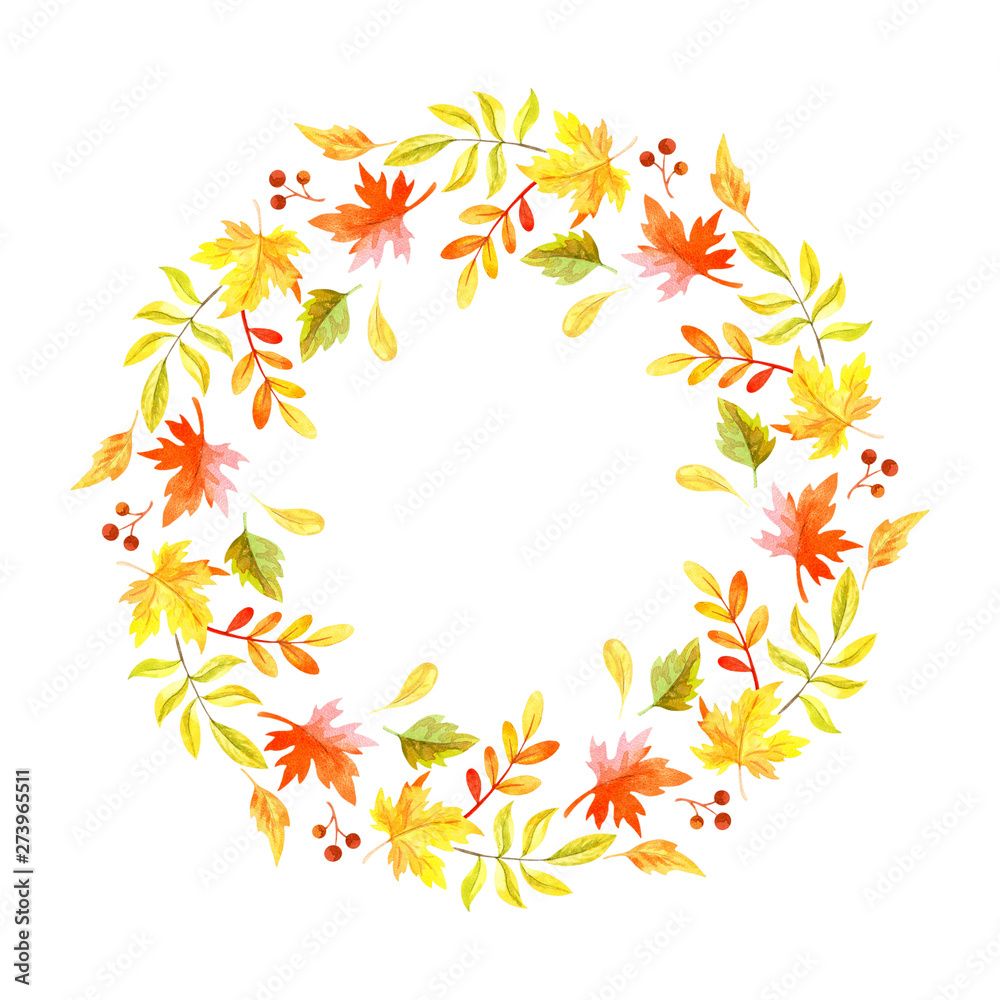 Autumn floral round frame with hand painted leaves. Watercolor background. Autumn floral round frame with hand painted leaves. Watercolor background.