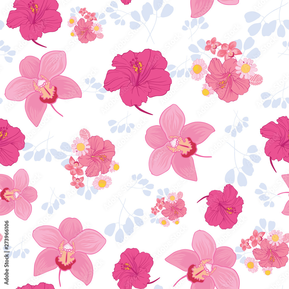 Obraz premium Tropical flowers seamless pattern print