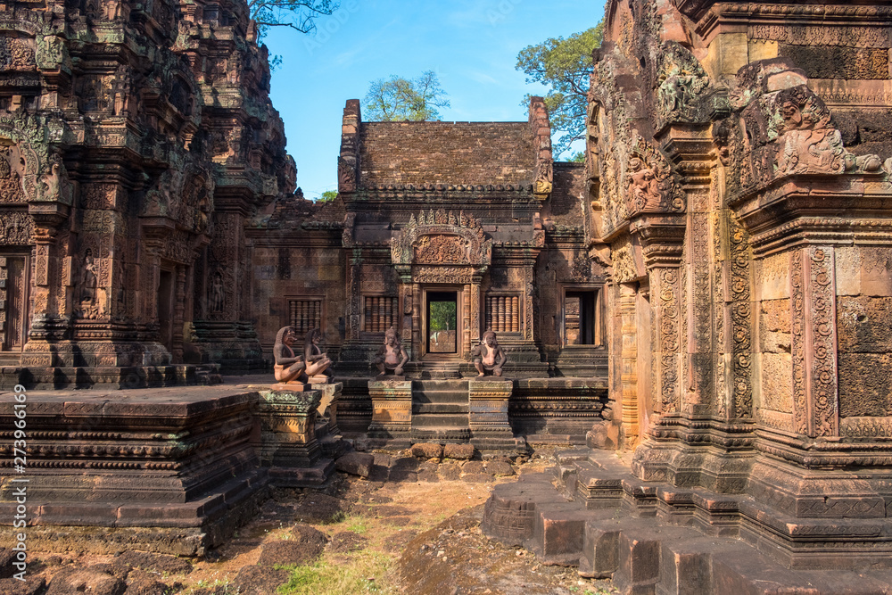 Banteay Srei temple a 10th-century Cambodian temple dedicated to the Hindu god Shiva made by pink/red sandstone in Siem Reap, Cambodia.