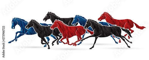 Group of seven horses running cartoon graphic vector