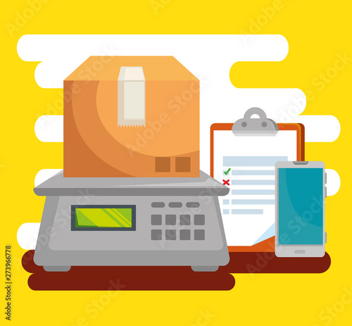 box in the weighing machine with check list and smartphone
