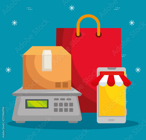 box package in the weighing machine with bag and smartphone