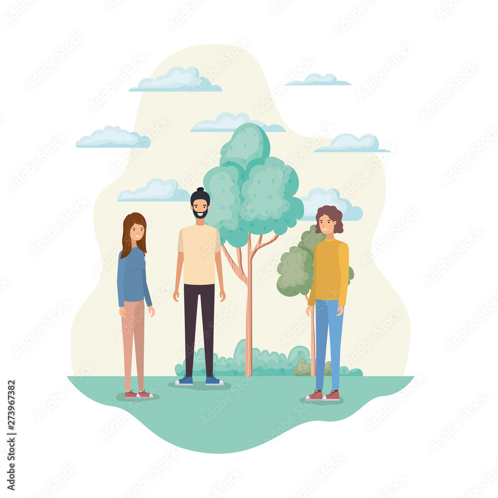 group of people in landscape with trees and plants