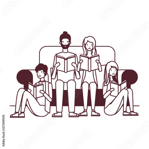 group of people sitting on chair with book in hands