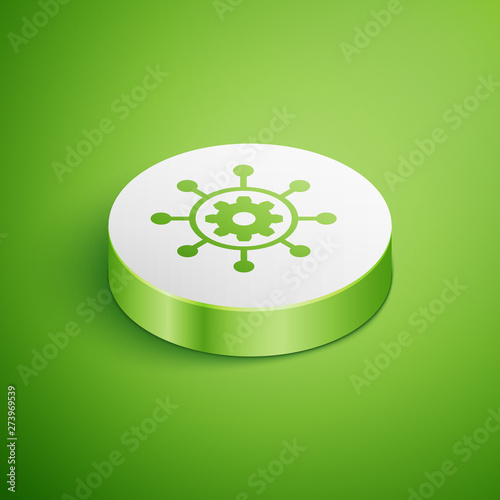 Isometric Project management icon isolated on green background. Hub and spokes and gear solid icon. White circle button. Vector Illustration