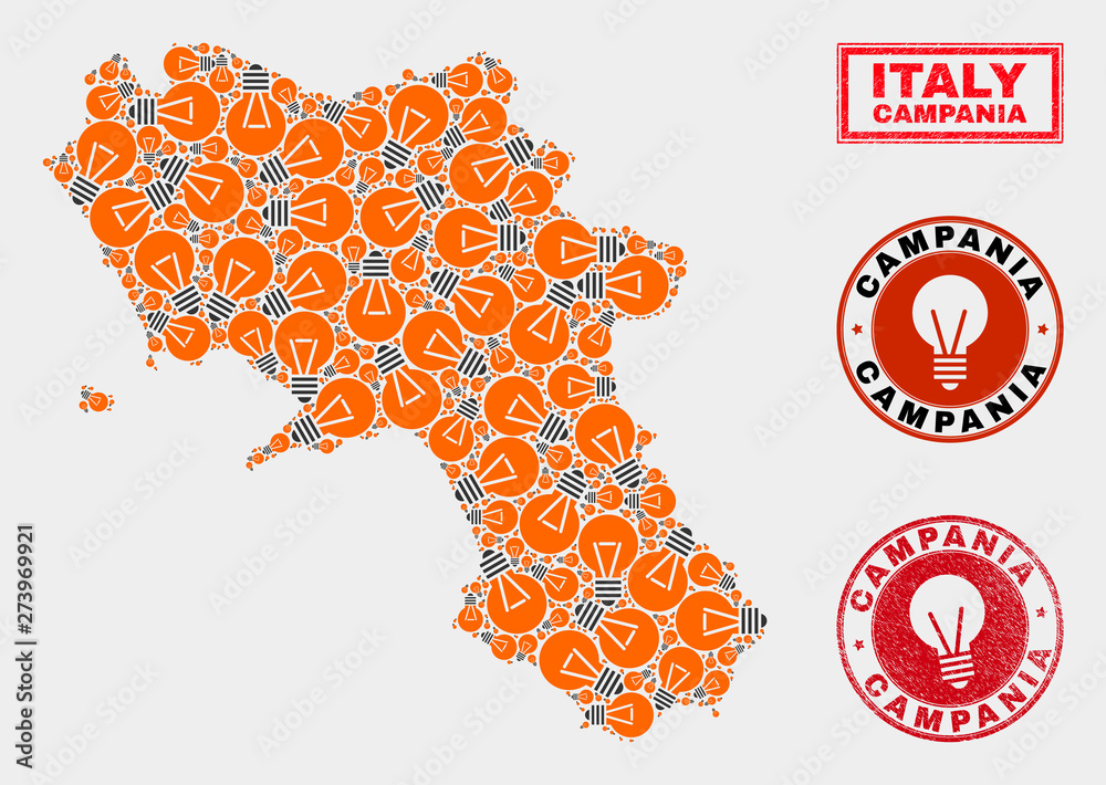 Power lamp mosaic Campania region map and grunge rounded stamps. Mosaic vector Campania region map is designed with idea lamp elements. Templates for electric business. Orange and red colors used. Power lamp mosaic Campania region map and grunge rounded stamps. Mosaic vector Campania region map is designed with idea lamp elements. Templates for electric business. Orange and red colors used.