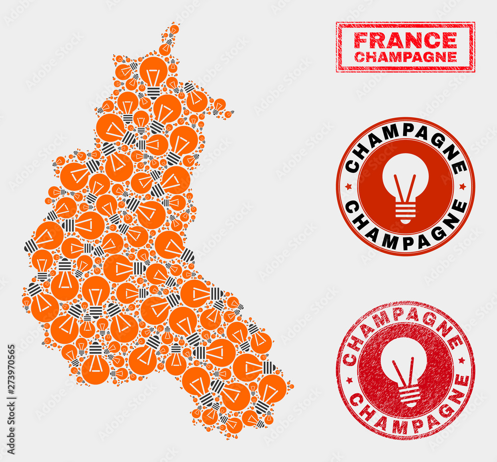 Electric lamp mosaic Champagne Province map and rubber rounded watermarks. Collage vector Champagne Province map is designed with electric bulb items. Templates for electric services. Electric lamp mosaic Champagne Province map and rubber rounded watermarks. Collage vector Champagne Province map is designed with electric bulb items. Templates for electric services.