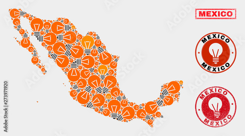 Illumination bulb mosaic Mexico map and rubber rounded stamp seals. Collage vector Mexico map is composed with power bulb items. Abstraction for power supply business. Orange and red colors used.