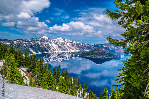 Beautiful Morning Hike Around Crater Lake in Crater National Park in Oregon photo