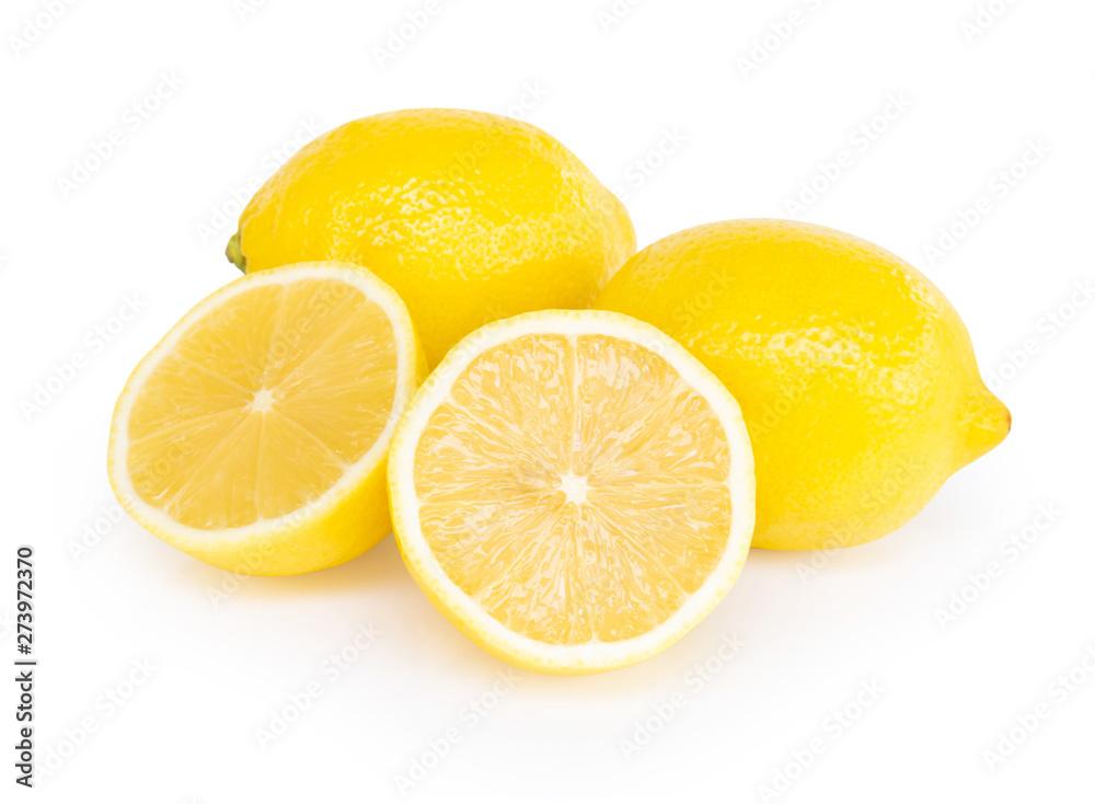 Closeup fresh lemon fruit slice isolated on white background, food and healthy concept