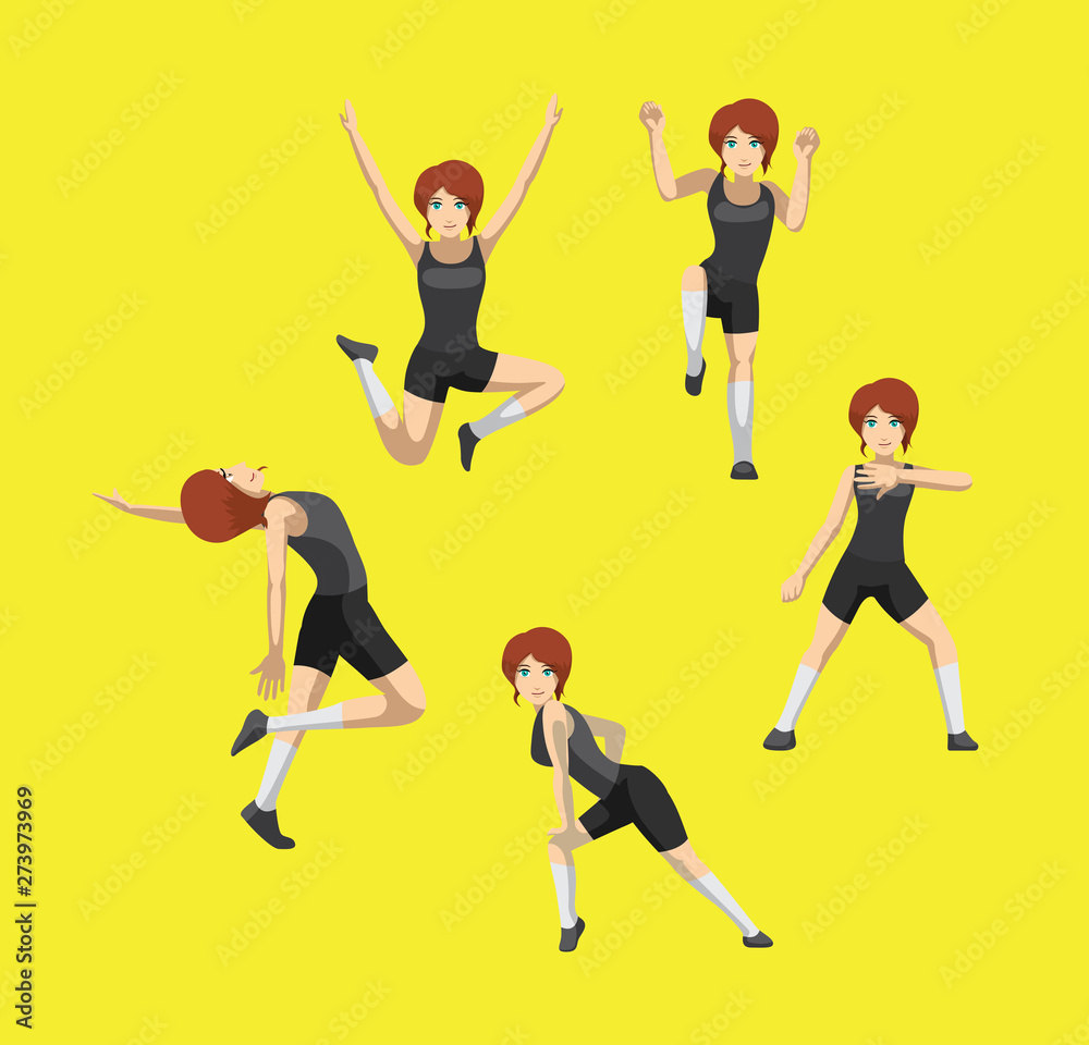 Manga Style Red Hair Woman Cartoon Zumba Dance Poses Set Vector 2