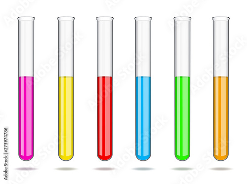 Set of glass laboratory test tubes with liquids of different colors. Laboratory studies in chemistry and biology, analyzes in medicine and pharmaceuticals. Vector illustration.
