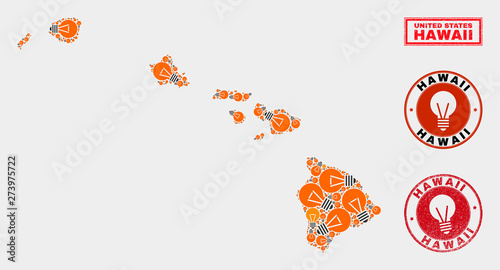 Power bulb mosaic Hawaii State map and grunge rounded watermarks. Mosaic vector Hawaii State map is composed with electric bulb items. Abstraction for power supply services.