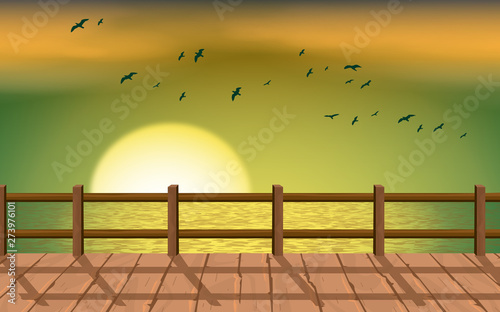 landscape of wooden bridge on the beach in sunset