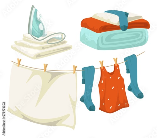 Clean laundry iron and drying line with pins linen and clothes