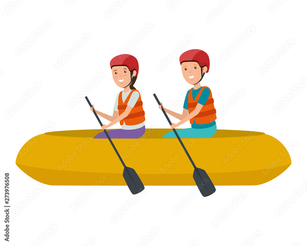 happy athletic couple in kayak characters