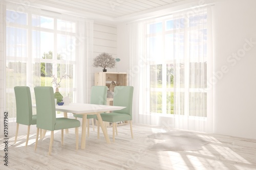 White dinner room. Scandinavian interior design. 3D illustration © AntonSh