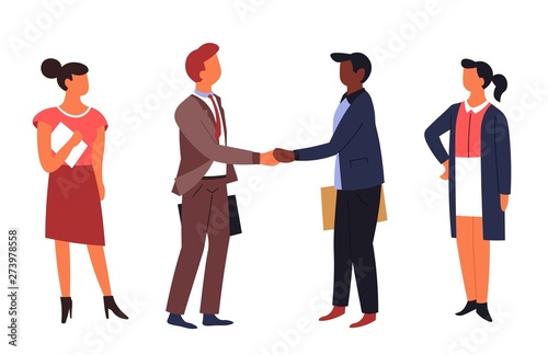 Dealing handshake gesture businessmen and businesswomen boss and secretaries