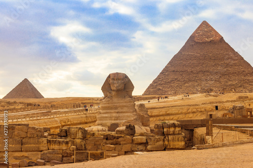 Egyptian Great Sphinx and pyramids of Giza in Cairo, Egypt