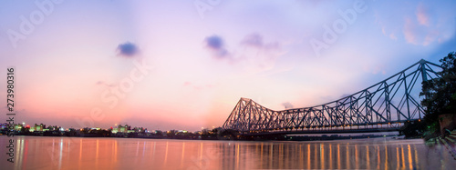 Panorama of Howrah bridge on river Ganges in kolkata city , India