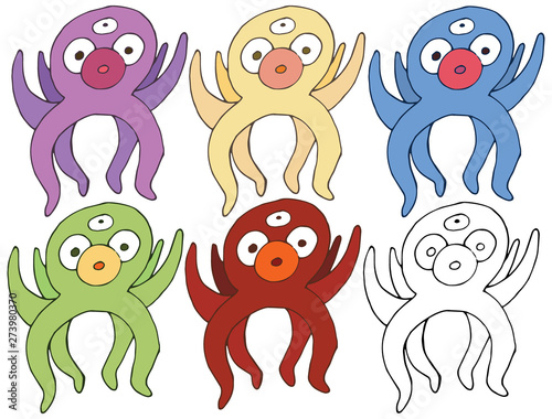 Print cartoon doodle octopus happy shock monster hand draw set color