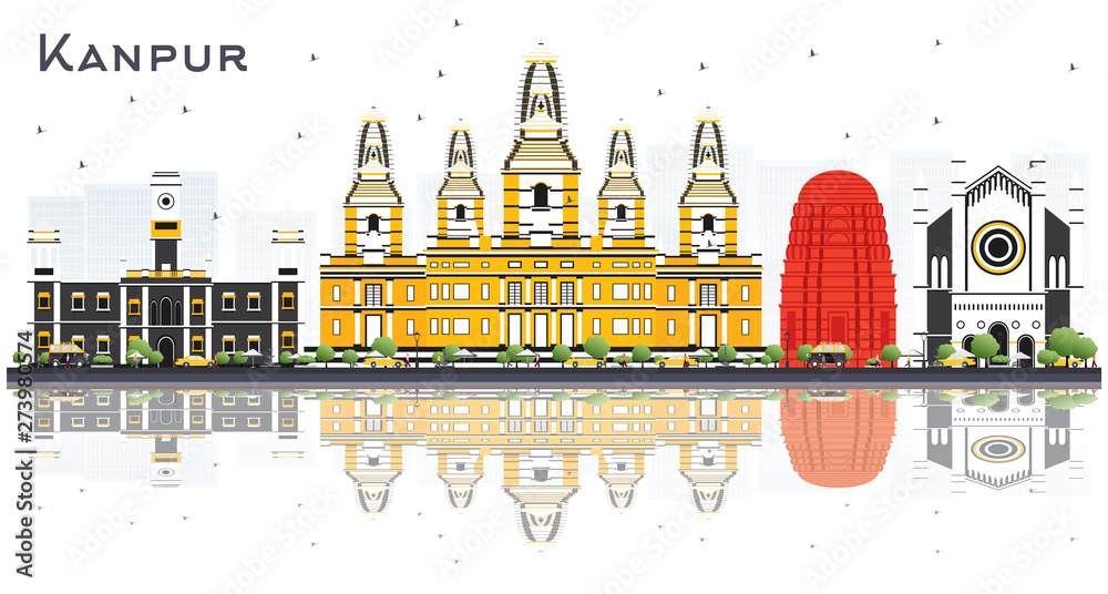 Kanpur India City Skyline with Color Buildings and Reflections Isolated on White.