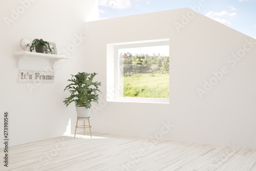 Stylish empty room in white color with summer landscape in window. Scandinavian interior design. 3D illustration