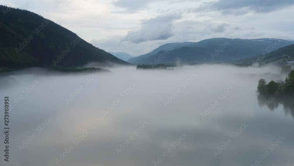 Flight over a foggy river. The mist is hanging low over the landscape creating a dark mystical mood over the whole scene. Flight over a foggy river. The mist is hanging low over the landscape creating a dark mystical mood over the whole scene.
