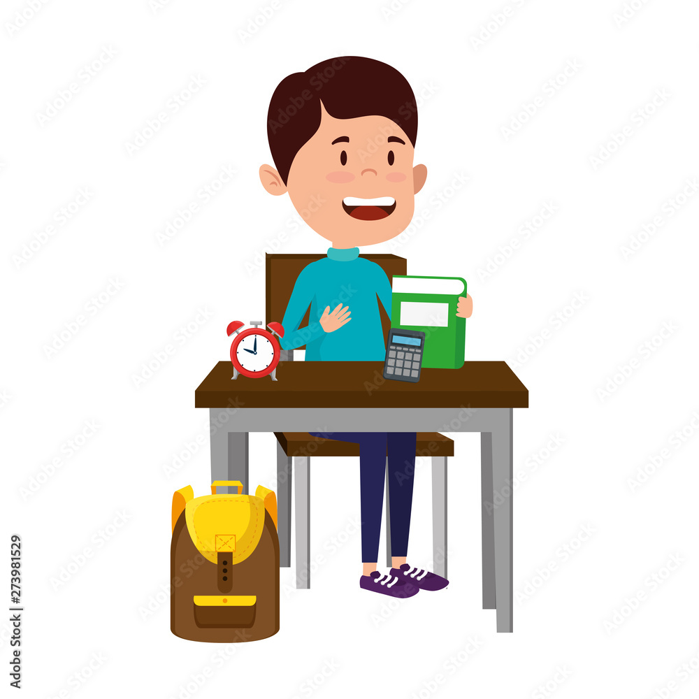 happy student boy with supplies seated in school desk happy student boy with supplies seated in school desk
