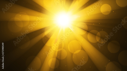 Background with bright golden sun, sunshine. Light and bokeh effect. Divine golden shine, heaven, sparkling shining sky