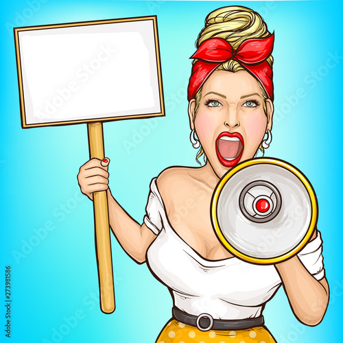 Shop sale pop art vector banner template with blond woman screaming in loudspeaker, holding signboard, placard on stick, advertising something, attracting attention to problem, news. Female protester