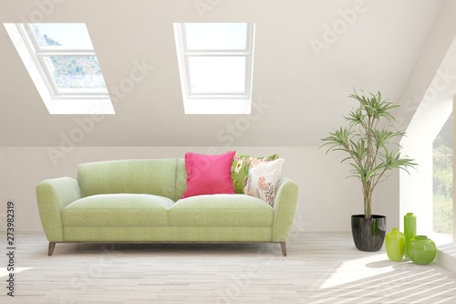 Stylish room in white color with sofa. Scandinavian interior design. 3D illustration