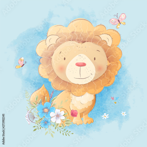 Canvas Print Cute cartoon illustration of a lion with a bouquet of flowers in the style of digital watercolor