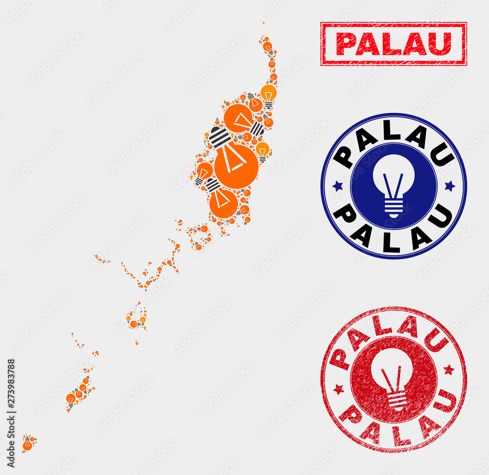 Electrical bulb mosaic Palau map and grunge round stamp seals. Mosaic vector Palau map is designed with electrical bulb items. Abstract images for power supply services. Orange and red colors used.
