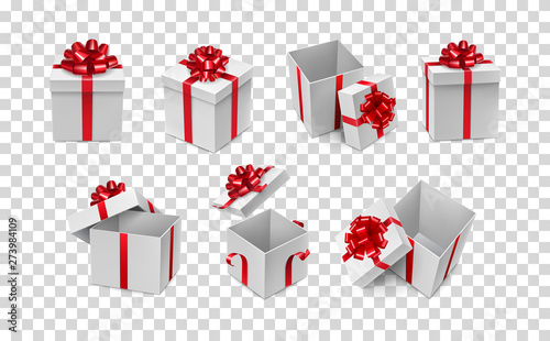 Various white boxes with red ribbon bows mockup. Any competition winner prize container with silk tape decoration. Many realistic gift boxes isolated on transparent background vector illustration photo