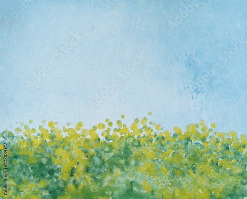 Drawing of bright yellow flowers dandelion, blue sky
