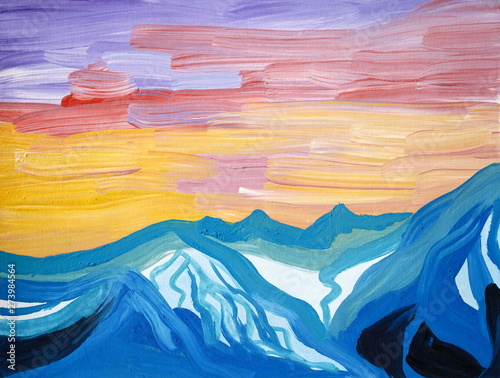 Drawing of bright yellow sky, blue mountains