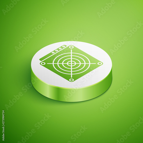 Isometric ASIC Miner icon isolated on green background. Cryptocurrency mining equipment and hardware. Application specific integrated circuit. White circle button. Vector Illustration