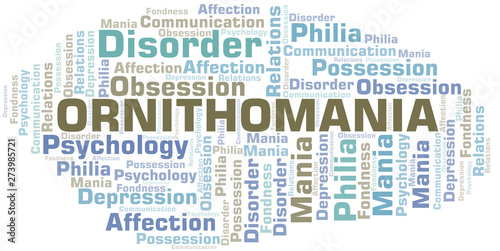 Ornithomania word cloud. Type of mania, made with text only.