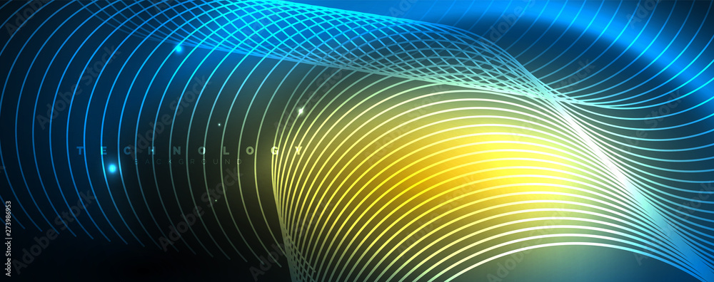 Trendy neon blue abstract design with waves and circles. Neon light glowing effect. Abstract digital background. Trendy neon blue abstract design with waves and circles. Neon light glowing effect. Abstract digital background.