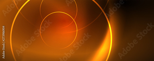 Bright neon circles and wave lines, glowing shiny background design template, digital techno concept.