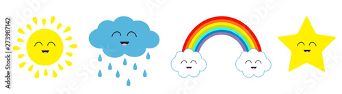 Cute cartoon kawaii sun, cloud with rain, star, rainbow icon set line. Smiling face emotion. Baby charcter collection Funny illustration. Isolated. White background Flat design.