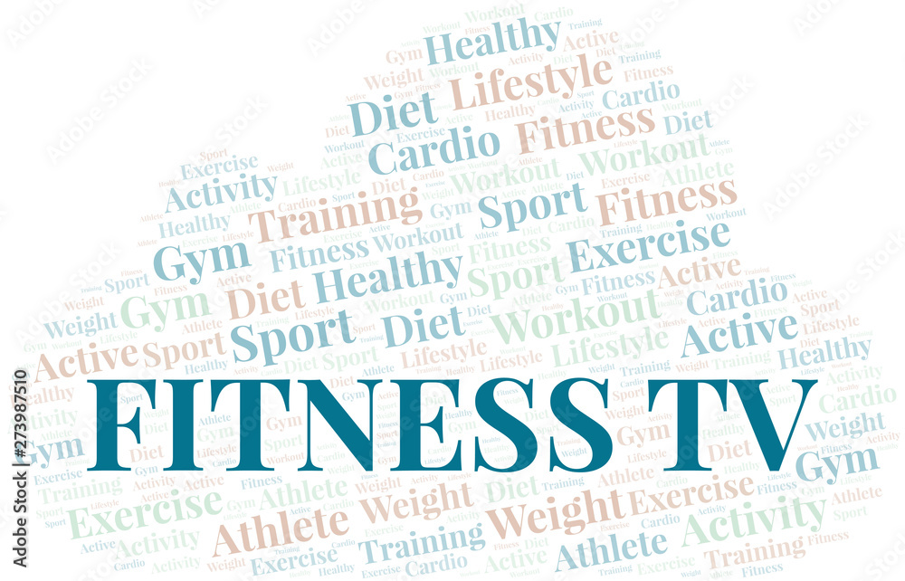 Obraz premium Fitness Tv word cloud. Wordcloud made with text only.
