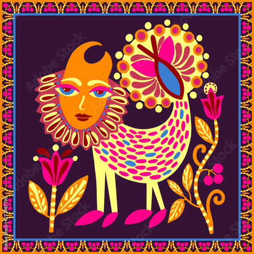 original ukrainian carpet design with fantasy animal and flowers, bright ethnic tribal pattern