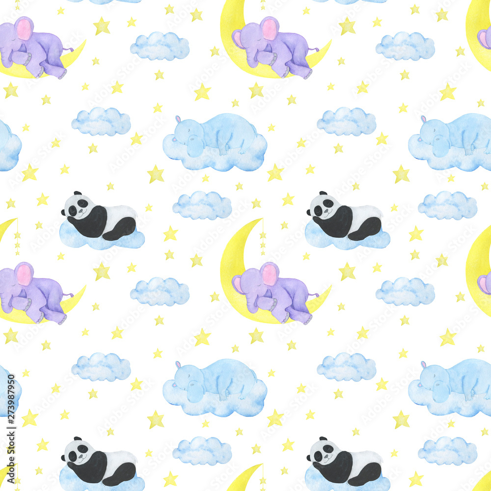  Seamless children's illustration pattern animals sleep elephant hippo panda stars clouds moon watercolor illustration digital paper scrapbooking design stickers greeting cards kids textiles
