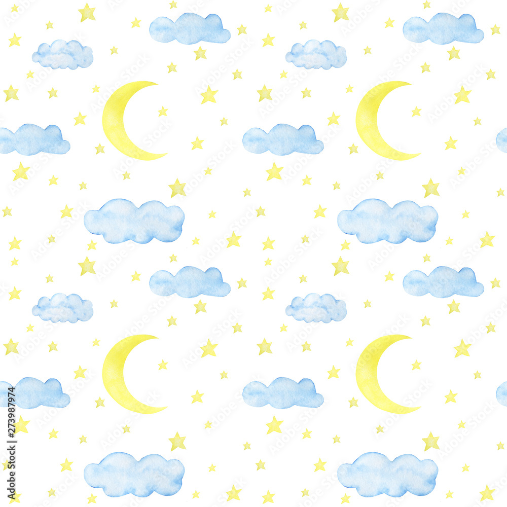 Obraz Bezszwowa dziecinna ilustracja wzór gwiazdy chmury księżyc akwarela ilustracja papier cyfrowy scrapbooking naklejki projektowe kartki okolicznościowe tekstylia dla dzieci