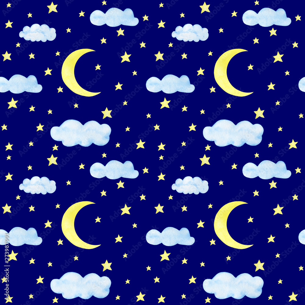 Seamless childish pattern illustration stars clouds moon watercolor illustration digital paper scrapbooking design stickers greeting cards kids textiles