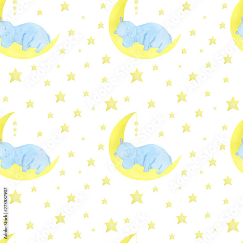 Pattern seamless children's illustration hippo sleeps stars clouds moon watercolor illustration digital paper scrapbooking design stickers greeting cards kids textiles