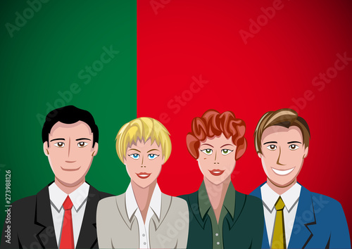 Portuguese people, ahead of the flag. Portrait of teamwork in flat design. Vector cartoon