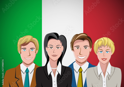 Italian people, ahead of the flag. Portrait of teamwork in flat design. Vector cartoon